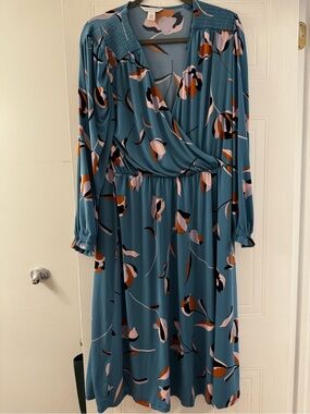 London Times Teal Floral-Print Wrap Midi Dress